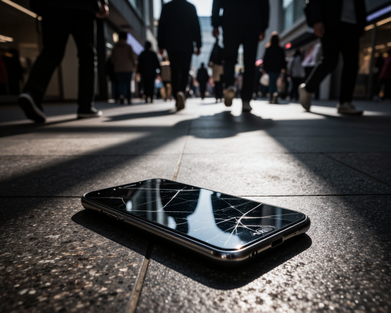 Broken smartphone on mall floor