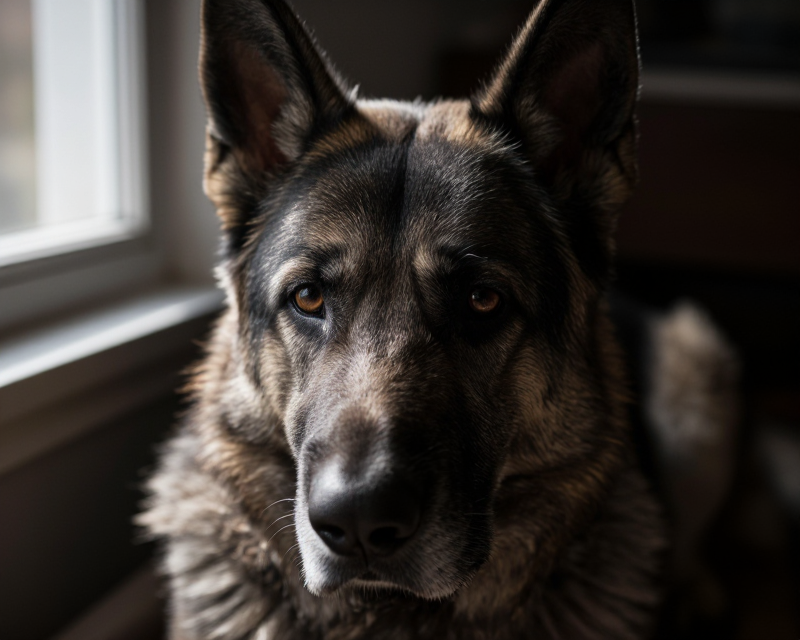 A cinematic portrait of an elderly German Shepherd